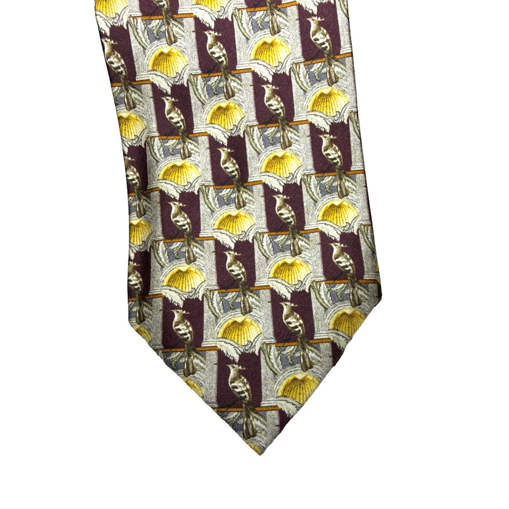 VTG Paul Stuart Italy Silk Tie Bird Shell Pattern 60” XL Brown Gold Luxury